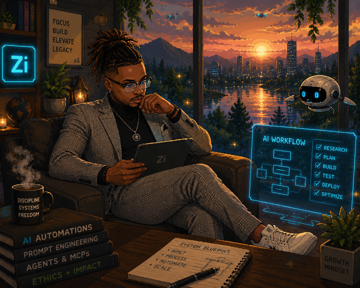 A focused builder at sunset — AI workflow HUD floating, stacked books on AI, prompts, agents, ethics.