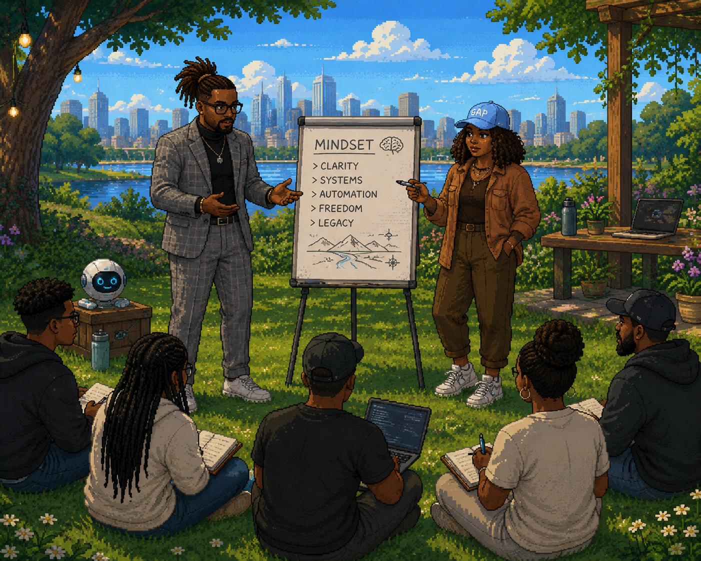 Two teachers standing by a Mindset easel — students sitting on grass, city and lake beyond.