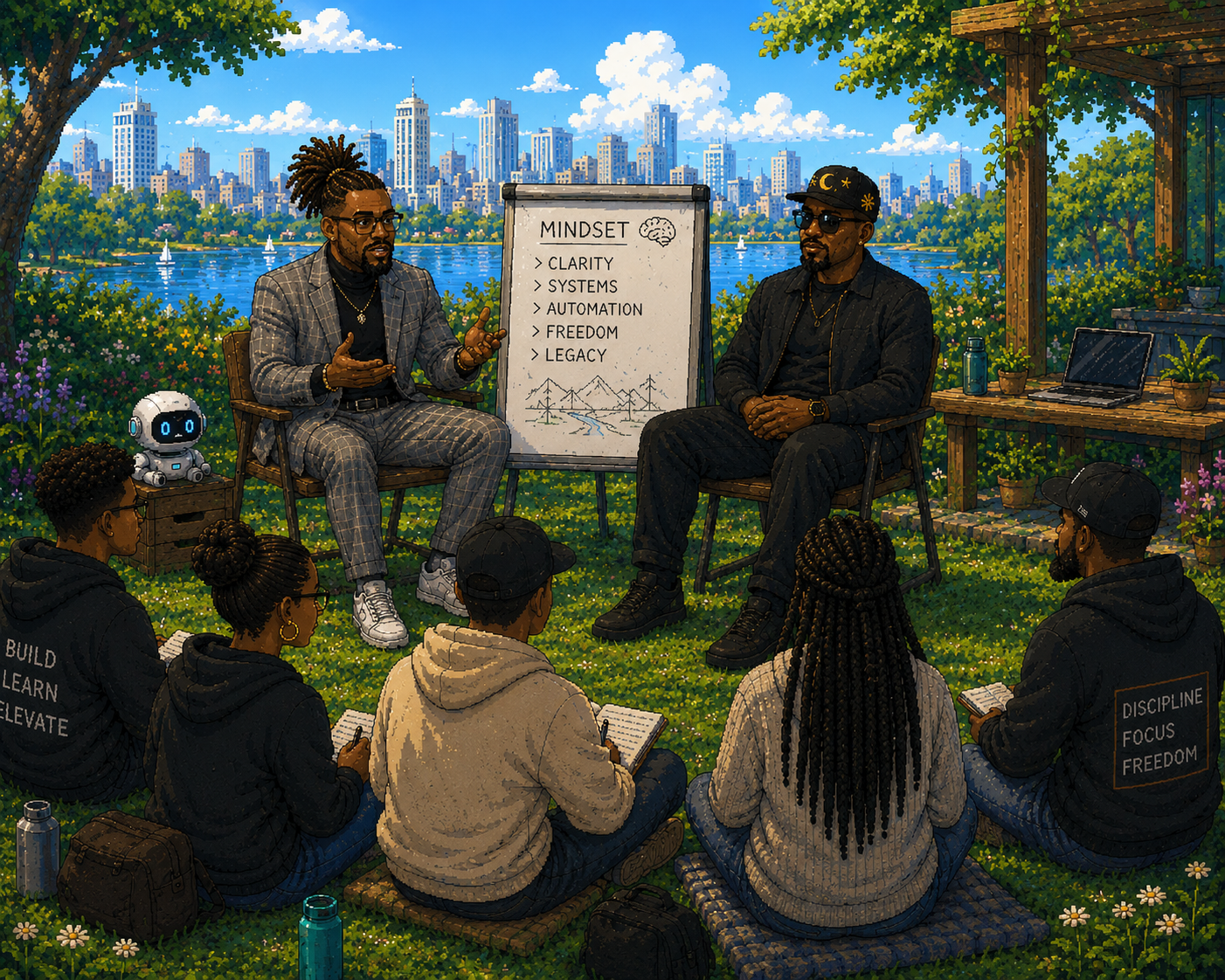 Two mentors seated under a tree by the lake — students gathered, a Mindset board nearby.
